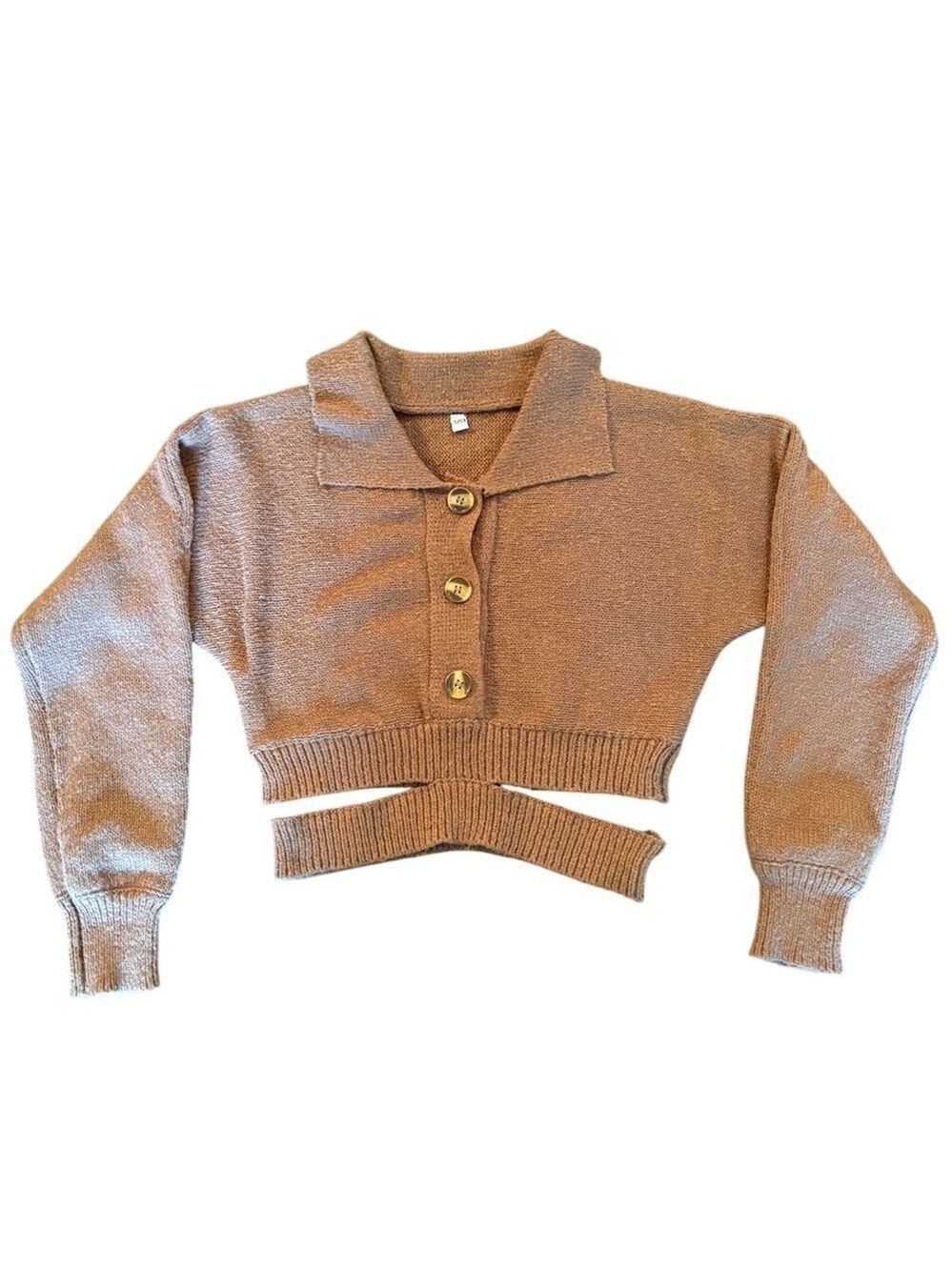 Brown Knit Sweater Collared Button Front Cropped Size XS S